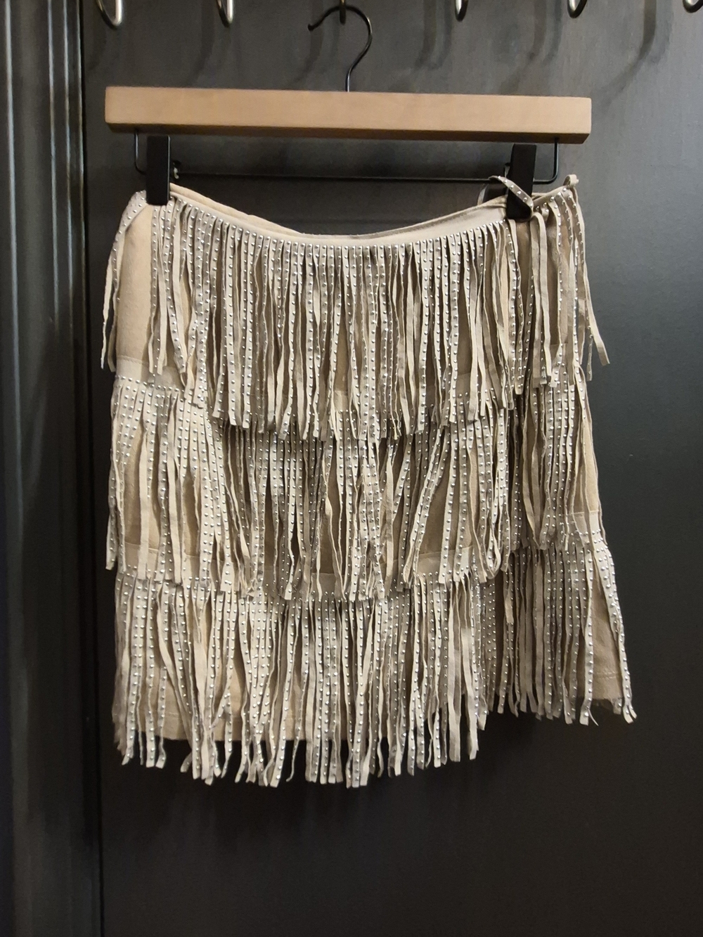 Fringed Tiered Beige Mini Skirt